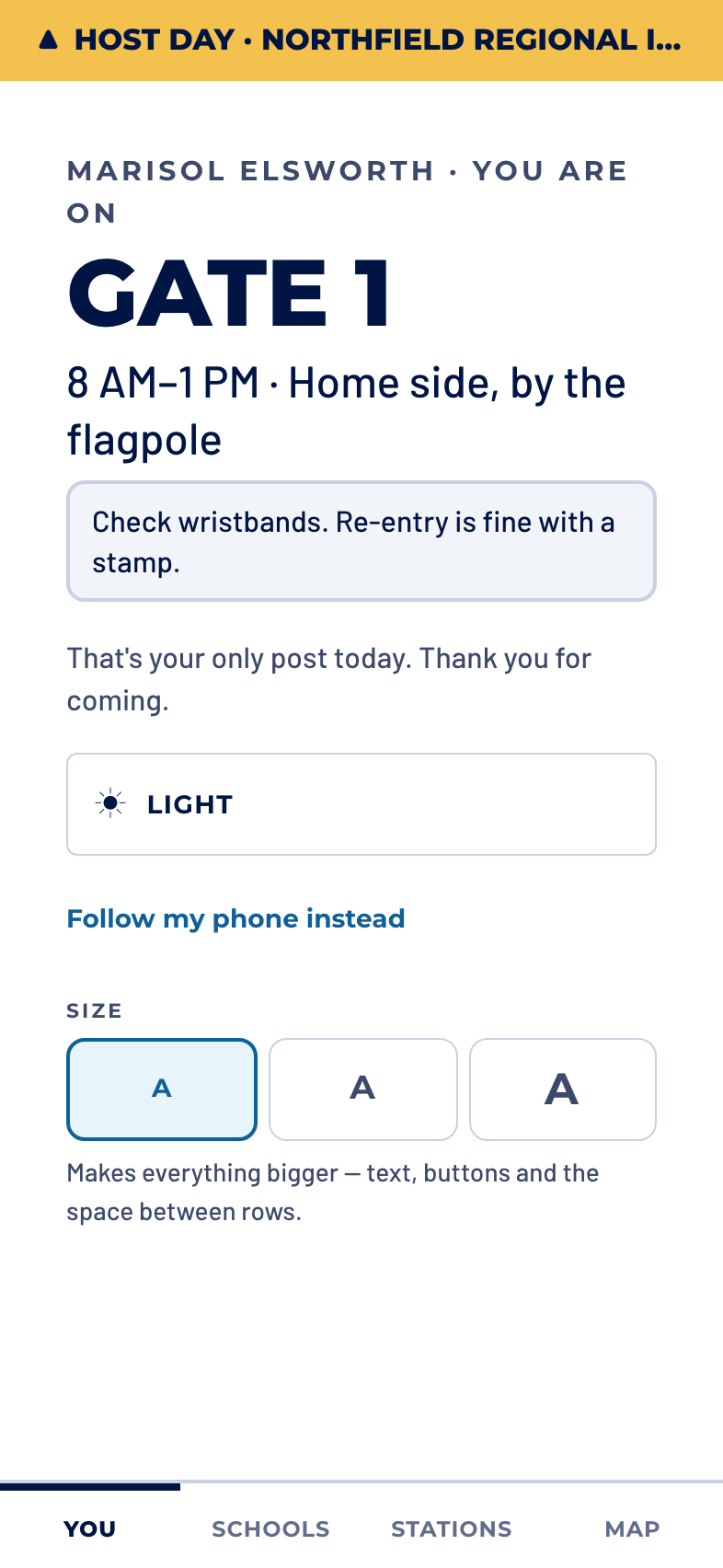 A volunteer’s own screen on a phone: their post in large type, their hours, where the post is, and what the job is.