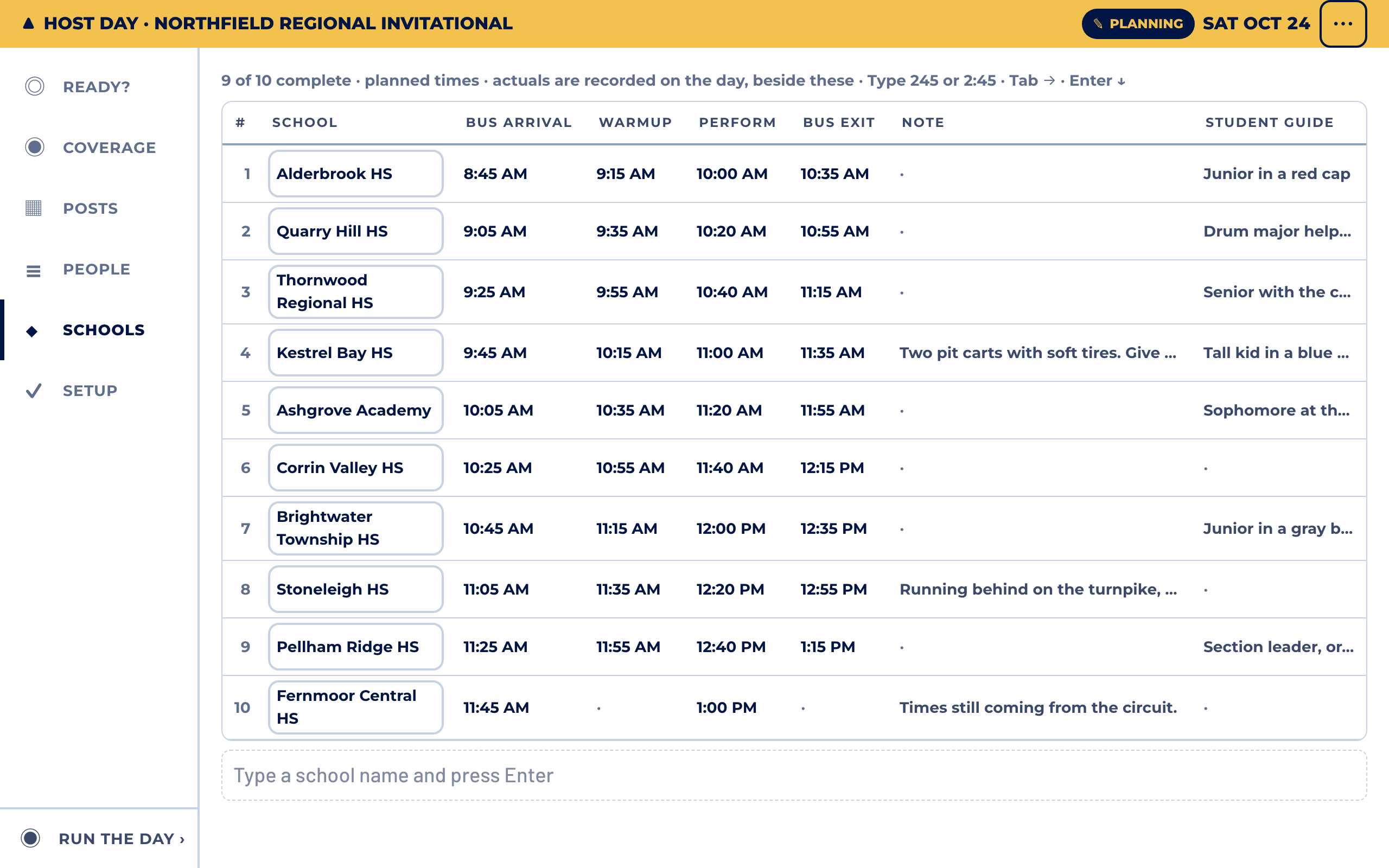 Visiting schools on a laptop: each school with its bus arrival, warmup, perform and bus exit times, a note, and who is guiding it.